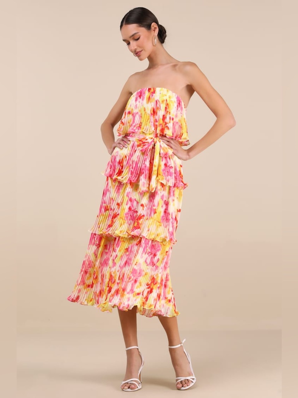 Nessa Yellow and Pink Abstract Plisse Tiered Midi Dress New with Tags Xs